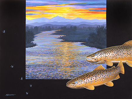 Acrylic painting of sunset river scene with two brown trout breaking into the border around the image