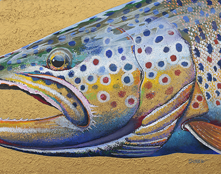 Closeup acrylic painting of a brown trout head