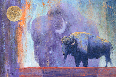 A deep blue and lavender bison stands agains a dreamy image of a giant hazy purple buffalo with stars shining within it in this acrylic buffalo painting.