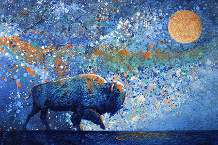 Blue and orange buffalo steps through a mystical sky with moon in this acrylic bison painting.