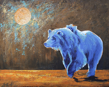 Blue grizzly bear painting with lush orange foreground and turquoise light around the moon are featured in this acrylic grizzly bear painting