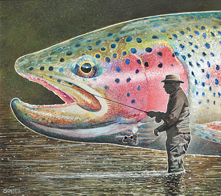 A large rainbow trout head is the backdrop for a fly fishing angler in this acrylic painting