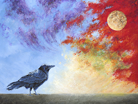 A grounded raven stands against a sweeping blue and red sky with purple, green, and yellow accents in this acrylic bird painting.