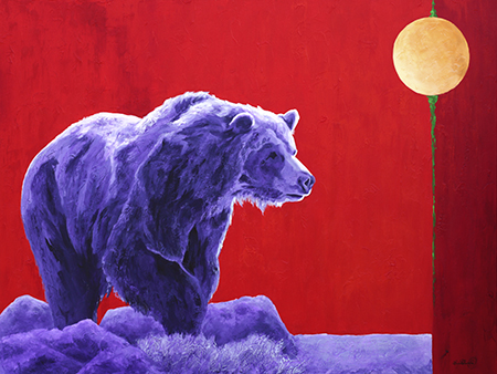 A cautious grizzly bear listens attentively with a splahy red background and moon in this acrylic bear painting.