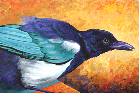 A dramatic magpie with purple and turquoise feathers is about to cause trouble in this acrylic bird painting.
