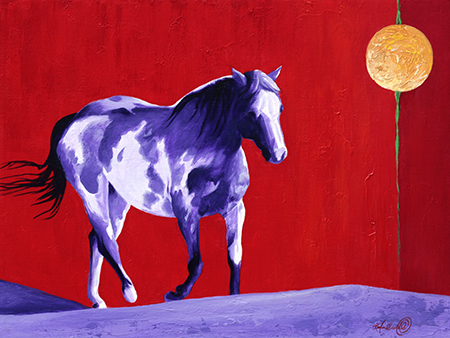 Purple and white pinto cow pony stands out agains a red background in this acrylic horse painting.