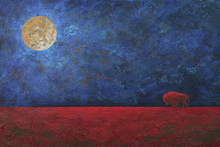 Red buffalo melds into the red earth against a stormy bly sky with moon in this acrylic bison painting.