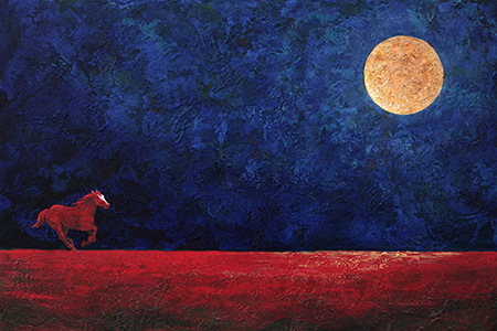Red horse with white blaze on face runs across the red earth in a dark blue storm sky with moon.