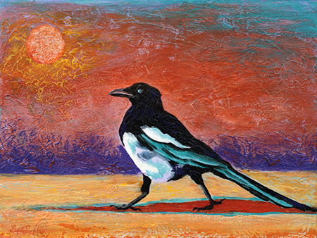 A bold magpie dressed in black, white, and turquoise with a stylized orange shadow and powerful sky with moon give this small acrylic bird painting big impact.