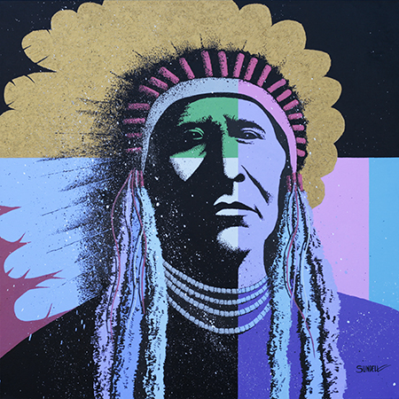 Colorful high contrast warrior chief in striking acrylic color