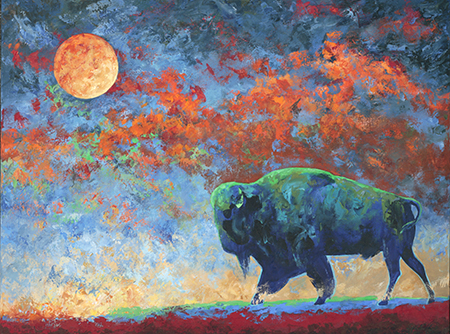 Blue and green bison moves against a stormy sky in this acrylic buffalo painting.