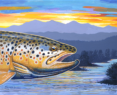 Brown trout shown with a backdrop of a sunset river scene