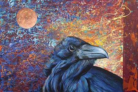 In this acrylic painting the raven looks out from a wildly colorful background with a moon.