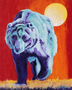 Purple and turquoise grizzly bear strides forward against an orange background with a moon.