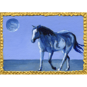pinto horse and moon painted in blues