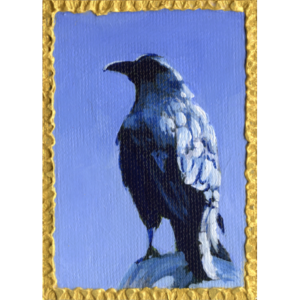 Majestic raven stands against the sky, painted in blues.