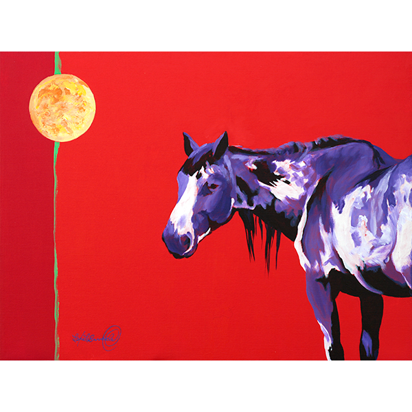 Purple cow pony stands under the moon with a brilliant red background.