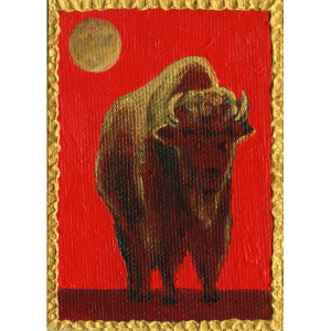 Rich reds and golds form the palette for this striking image of a bison.