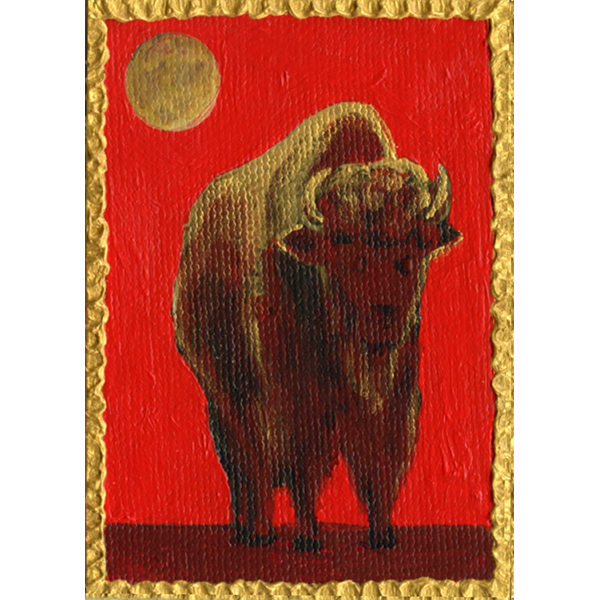 Rich reds and golds form the palette for this striking image of a bison.