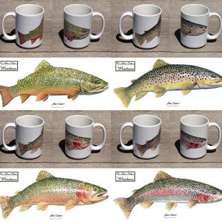 Set of four trout mugs featuring a brookie, brown, cutthroat, and rainbow
