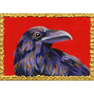 Raven head on red background