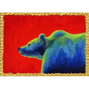 Blue and green bear sniffs the air against a strong red background.