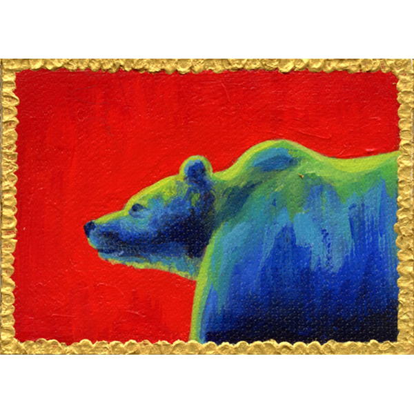 Blue and green bear sniffs the air against a strong red background.