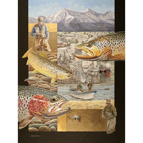 This collage style image captures the entire fly fishing experience with trout, fly fishermen, a drift boat, and the scenes of Montana angling.