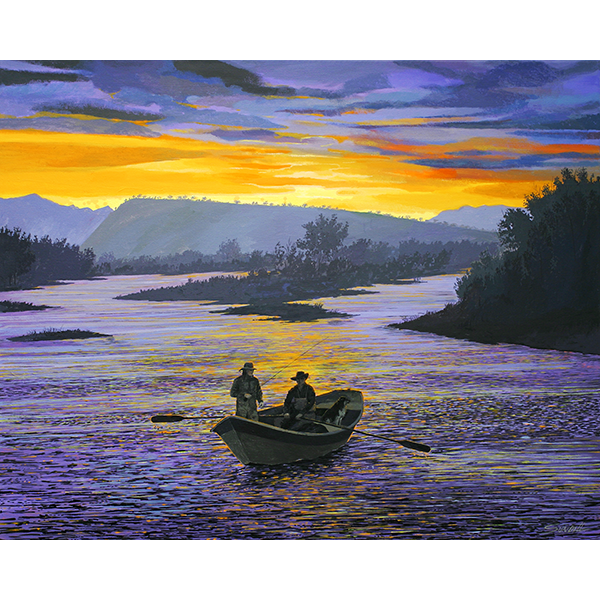 Tired but happy fly fishermen and their dog approach the take out in the drift boat at sunset.