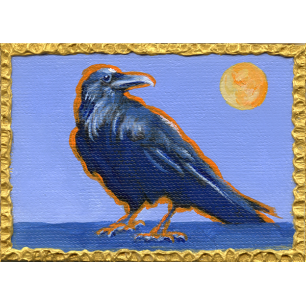 Shimmering orange outline surrounds a mystical raven looking at the moon