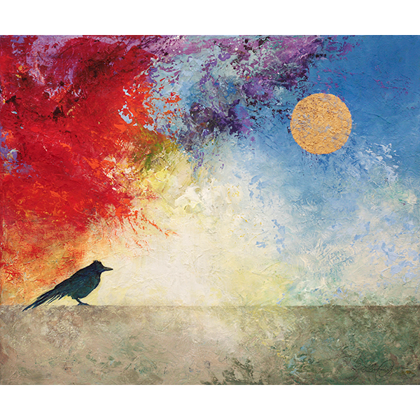 A grounded raven waits for a signal from the moon shining through the sunset.
