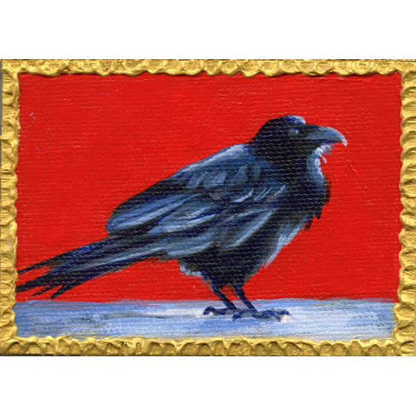 Standing raven painted on a red background