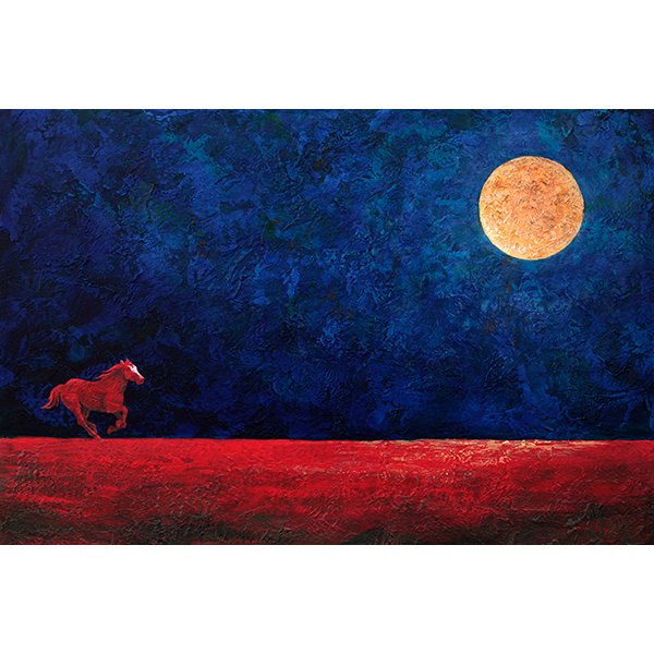 Small red cow pony races across the distant horizon under a storm sky illuminated by the moon.