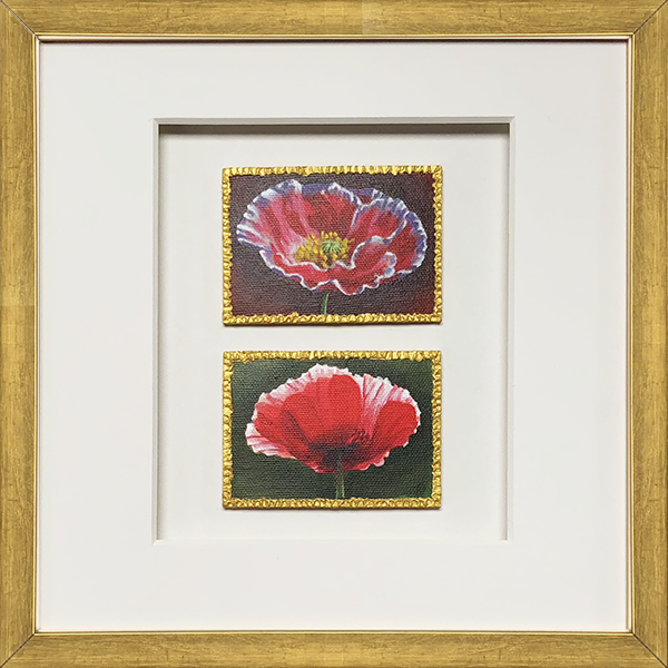 Two poppy art cards are beautifully framed with a shadowbox treatment.