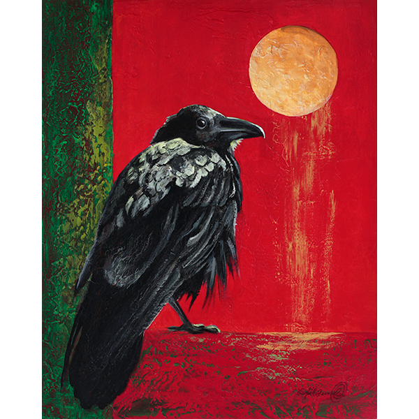 The moon rains gold as the raven contemplates life.