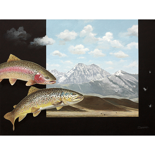A rainbow trout and brown trout chase mayflies through a surreal scene.