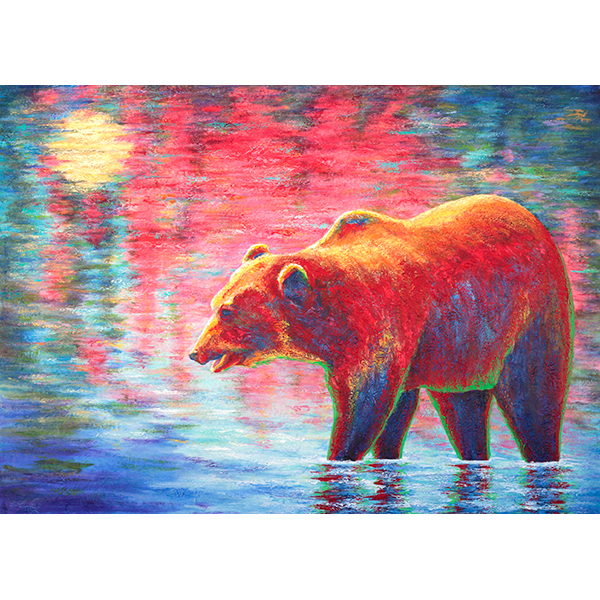 Red grizzly bear walks across sunset reflections in the water.