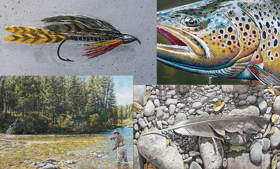 Flyfishing paintings including a streamer, a fishing scene on a river, a brown trout head, and a feather lying with leaves on rocks
