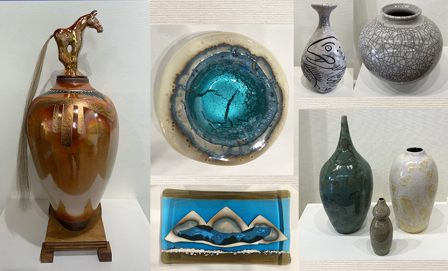 Fused glass plate and bowl, rake crackle pottery, luster rake pottery, crystalline glaze pottery