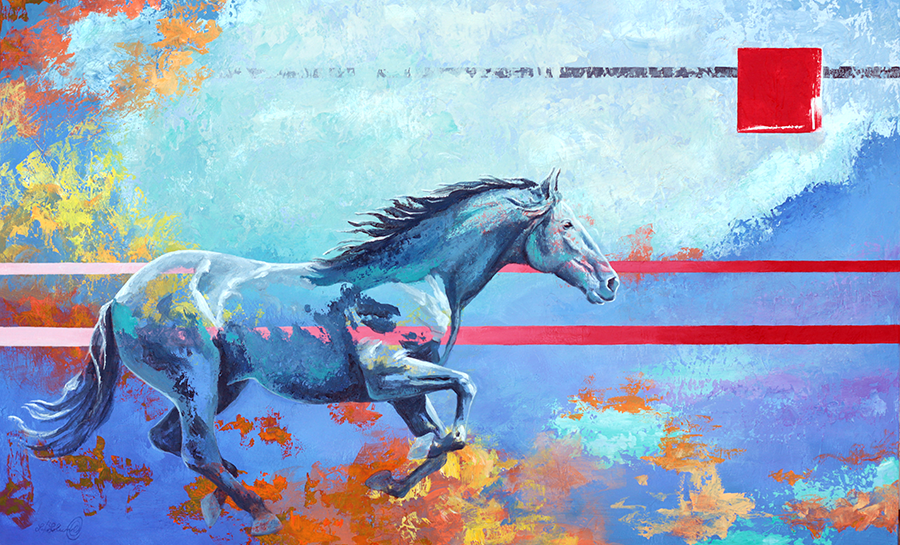 A running horse with flying mane against and abstract sky